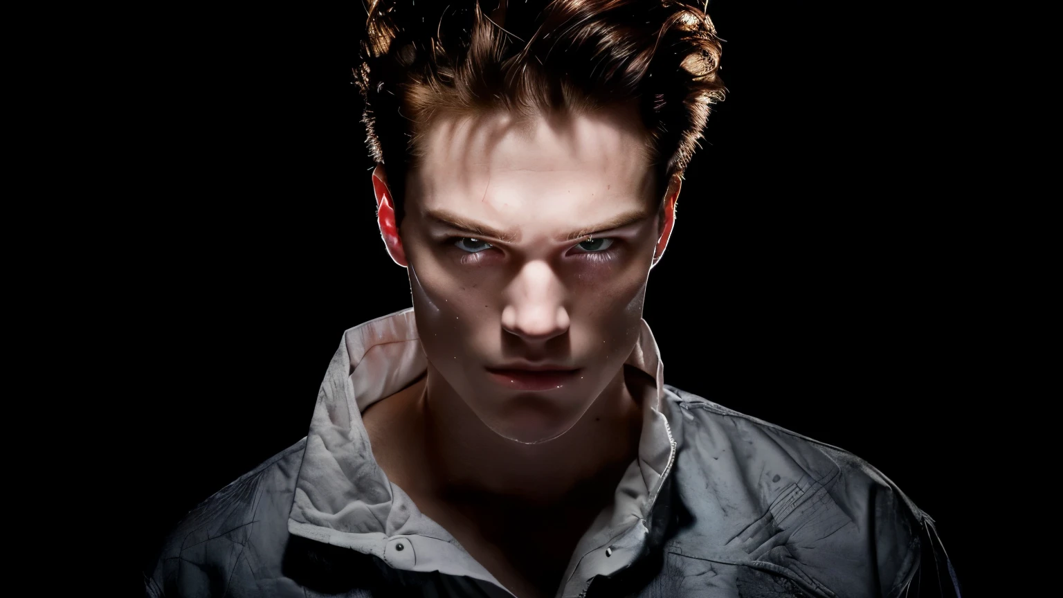 obra de arte, retrato realista, epic portrait of menacing, dramatic portraiture of namenlos, dramatic lighting man, dramatic portrait, dramatic portraiture of uuen, Adam Narozanski, Ben Watts, fotografia de retrato, headshot, jerma in a liminal space, dramatic intense lighting, foto do perfil 1024px, Realistic image, 01 young, red-haired, approximately 18 years old, boys, male, short hair, fixed and direct gaze at the observer of the photo, slight smile on the mouth, but slightly irritated look, look with arched eyebrows, demonic vision , dark and intriguing look, young figures, image with lots of details, high definition image, impactful image with the most detailed resources possible foto do perfil 1024px