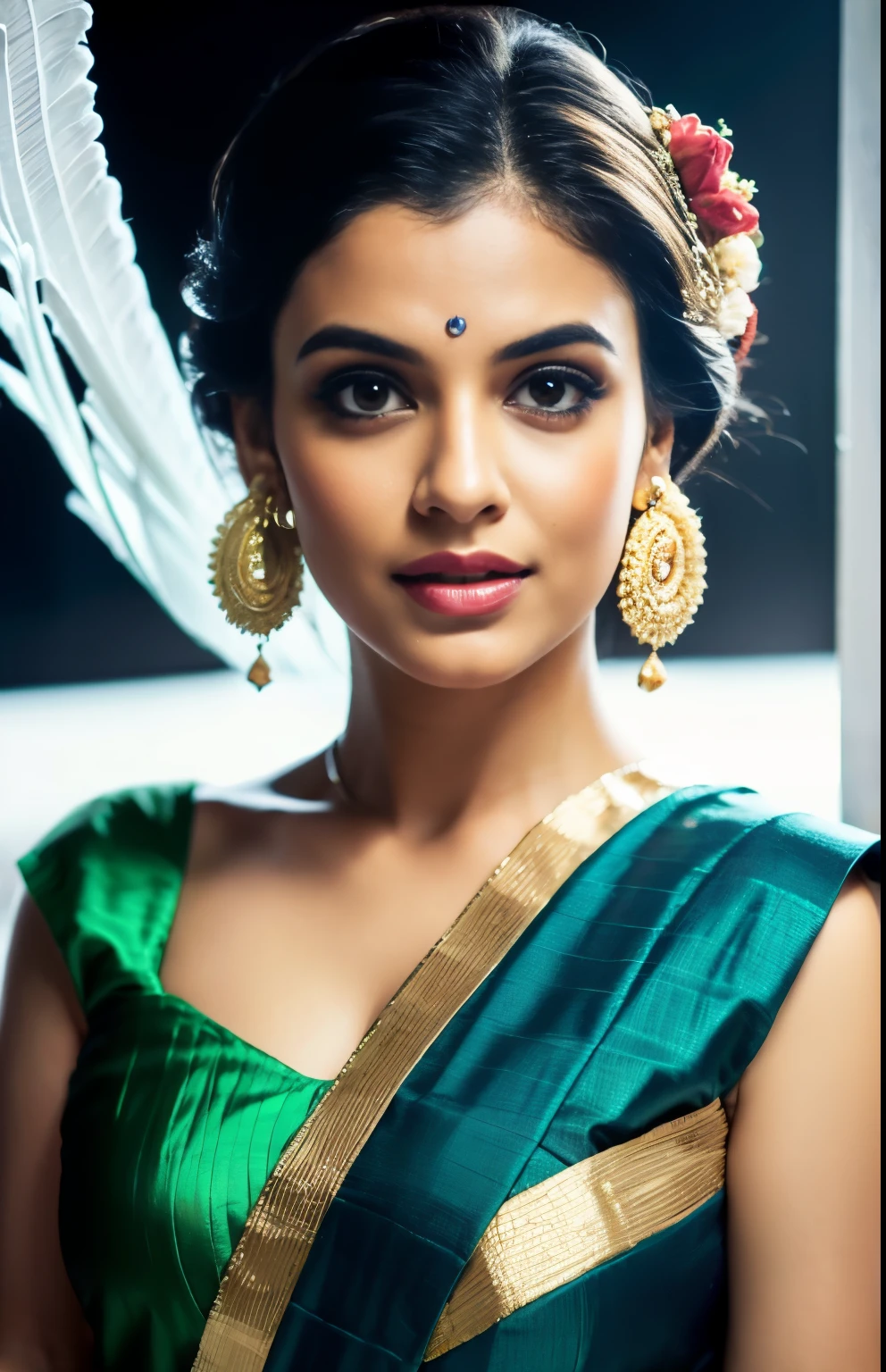 Btflindngds, a beautiful Indian girl, (intricate:0.3) eyes, mid shot, photograph by artgerm and (greg rutkowski:0.3), portrait photo,indian girl, beautiful , goddess,angel,perfect lips, saree.vintage