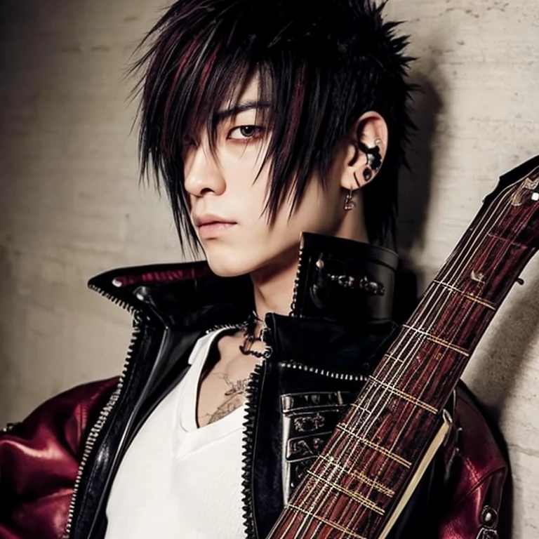 1 Japanese rocker, male, Asian eyes, muscular, broad shoulders, dragon, hairstyle in Visual Kei style, hair Visual Kei, outfit rocker,  ultra detailed face and eyes, hyper realistic, realistic representation, 30 years old, age 30 years, full body, black and blonde hair 
