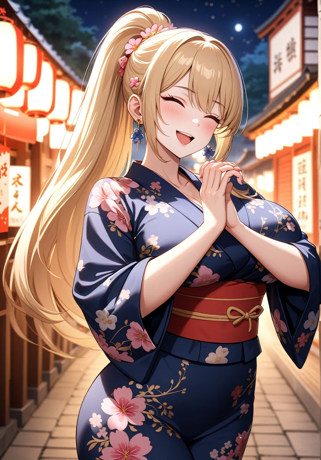 ((One woman)), Beautiful Face,Laughing embarrassedly,((Wink:2.0)),Blushing,Glossy pink lips,Abstract, night,shrine,Festivals, firework,((Anime style background)),masterpiece, highest quality, so beautiful, up to date, Complex details, (Pink long nails),AI-generated, Complex,High resolution, highest quality, super high quality,3D Images、View the viewers、3D Images,one person,Woman with long blonde hair,High Ponytail,blue eyes,Anime woman posing for a photo, [[Fine grain、Colorful eyes、Shining Eyes:1.15]],(Squint your eyes:1.1),a hyperRealistic , hyperRealistic , Realistic ,Blonde anime woman with long hair, Smooth anime CG art, A woman in a gorgeous yukata with gold embroidery,Floral Yukata,Long flower hair ornament,Larger earrings,(Large Breasts:1.3),Narrow waist,Six-pack,tall,Big Ass,Fine details.(A woman making a heart sign with her hands),Put your hands together