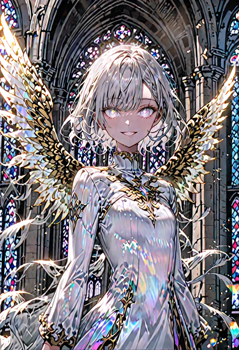 solo, female, sfw, medium shot, summer, short hair, hair blown up by the wind, iridescent eyes, church, stained glass, huge wings, iridescent wings, flat chest, angel, iridescent hair, wide smile, day, magic, gold, jewelry, holy aura, silver hair, floating, silver eyes, glowing eyes:0.5, silver wings, glowing wings, glowing hair