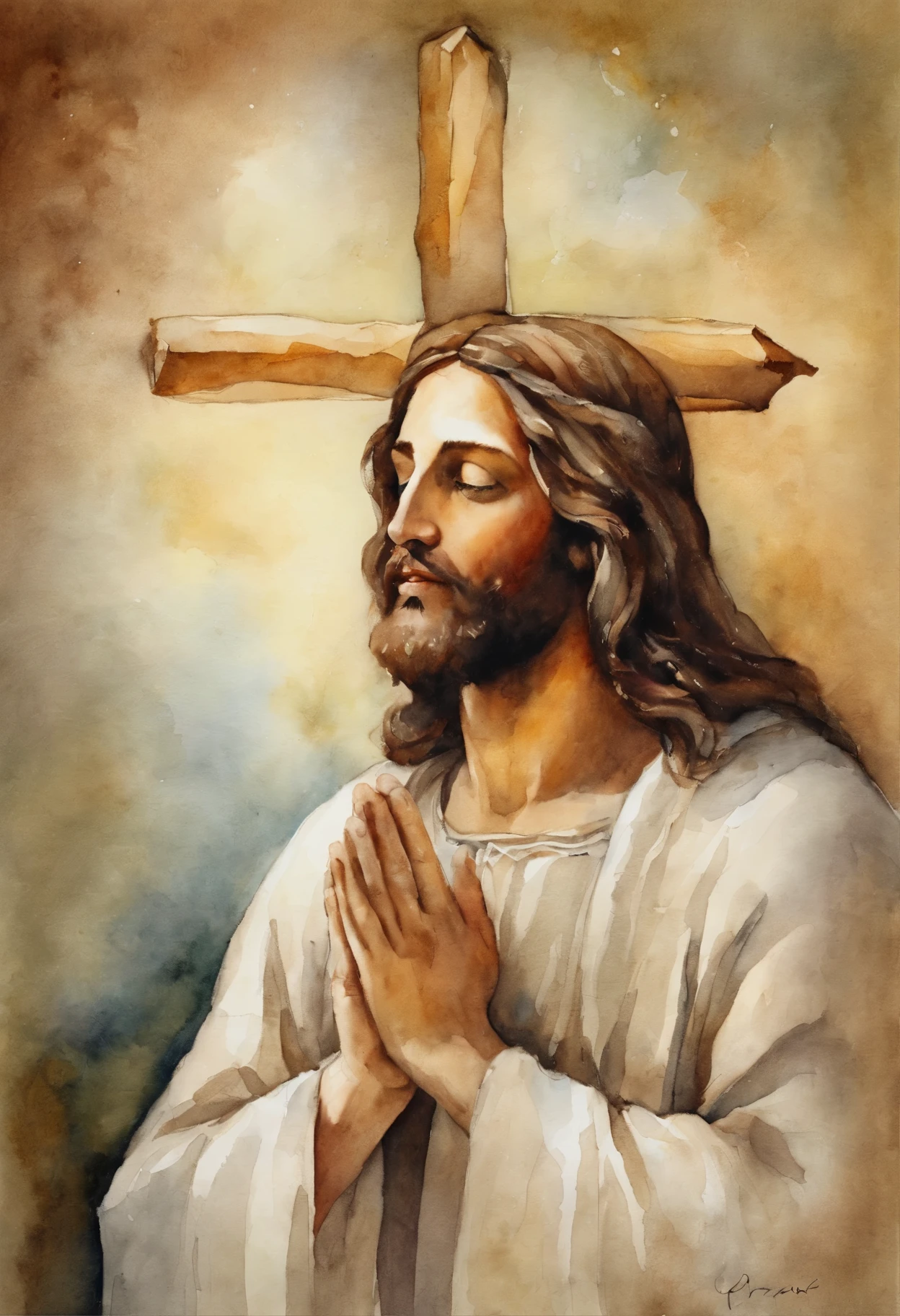 "Generate an image of Jesus in your profile, Capture in moments of deep prayer, Gently clasp your hands together,big cross."