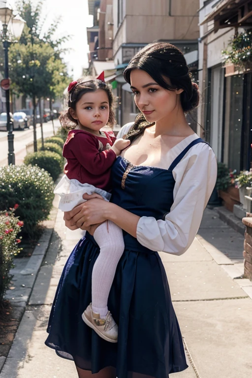 Image of a beautiful girl dressed as snow white, holding her dad's hands, todo en un hermosa y emotiva escena