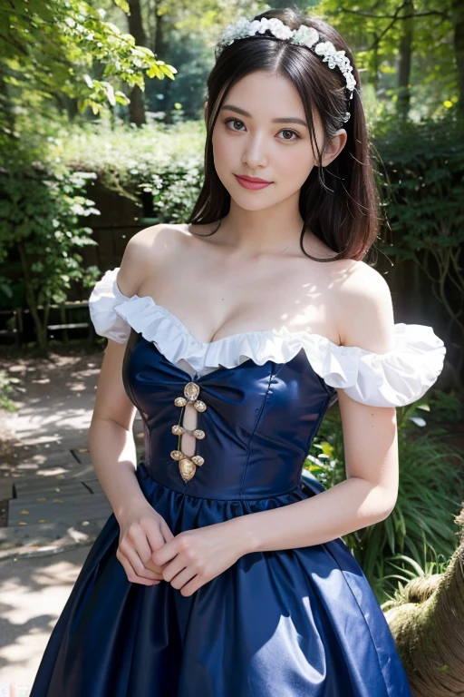 femme, 25 ans, cheveux bleus, delicate, poudre de contour, sexy, French touch, cheveux de longueur moyenne, grains de beauté, sourire romantique, Seductive look, bonne couverture, skin details, pores de la peau, Appareil photo numérique Kodak Smile 10MP, cheveux moyens, rougit, (des mains parfaites), Disney princess, disney cosplay, blanche neige, blanche neige cosplay, avec une pomme rouge, dans une foret