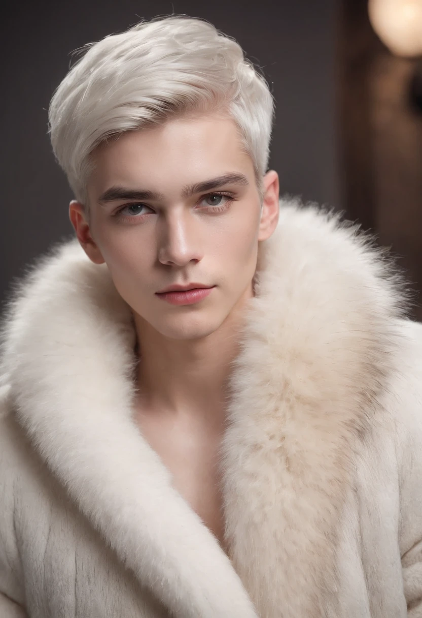 a young man, 20 years old, white hair, crown on head, wearing fur coat, studio lighting, Canon 18 lens, best quality, 8k, highres, masterpiece, ultra-detailed, realistic, photorealistic, photo-realistic, HDR, UHD, vivid colors, sharp focus, physically-based rendering, professional, detailed skin, detailed eyes, detailed lips, long eyelashes, portrait, realism