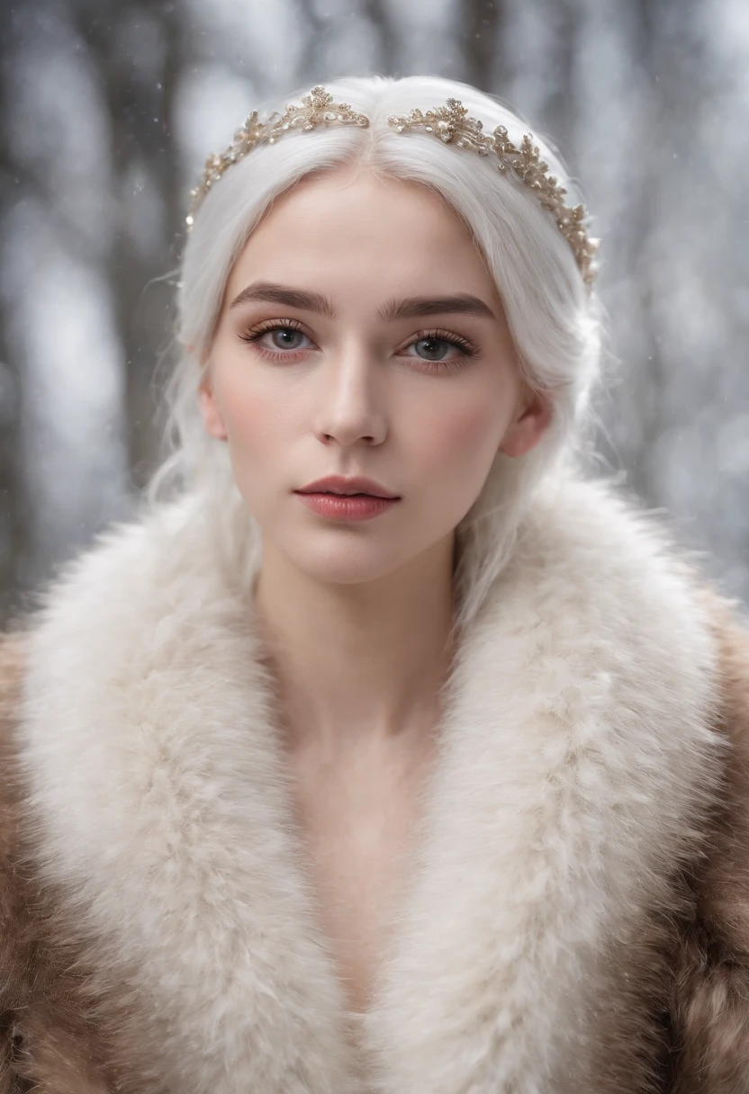 a young man, 20 years old, white hair, crown on head, wearing fur coat, studio lighting, Canon 18 lens, best quality, 8k, highres, masterpiece, ultra-detailed, realistic, photorealistic, photo-realistic, HDR, UHD, vivid colors, sharp focus, physically-based rendering, professional, detailed skin, detailed eyes, detailed lips, long eyelashes, portrait, realism