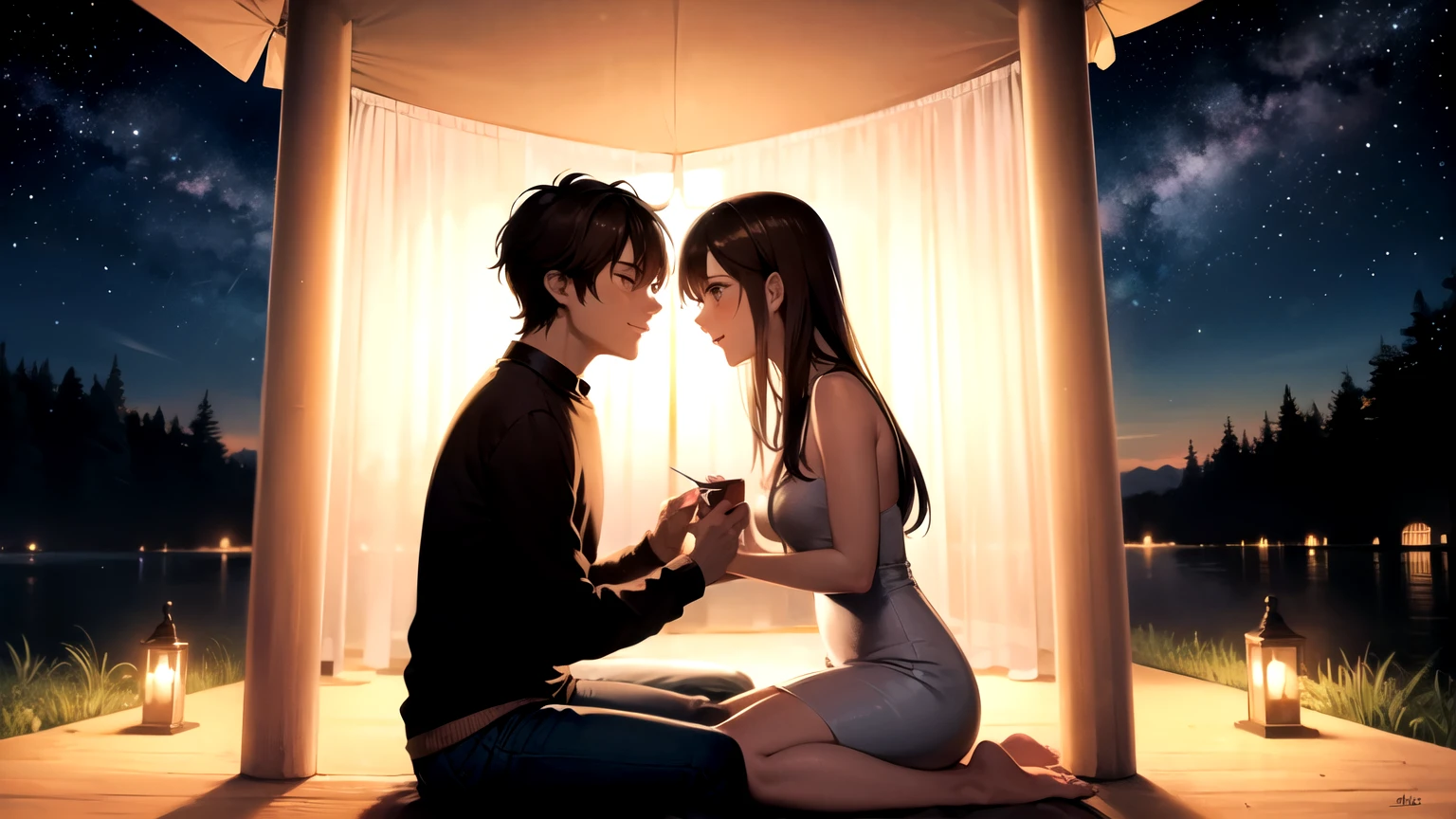 a couple in love in a romantic atmosphere under the night and the stars. with a love message in Spanish in the image