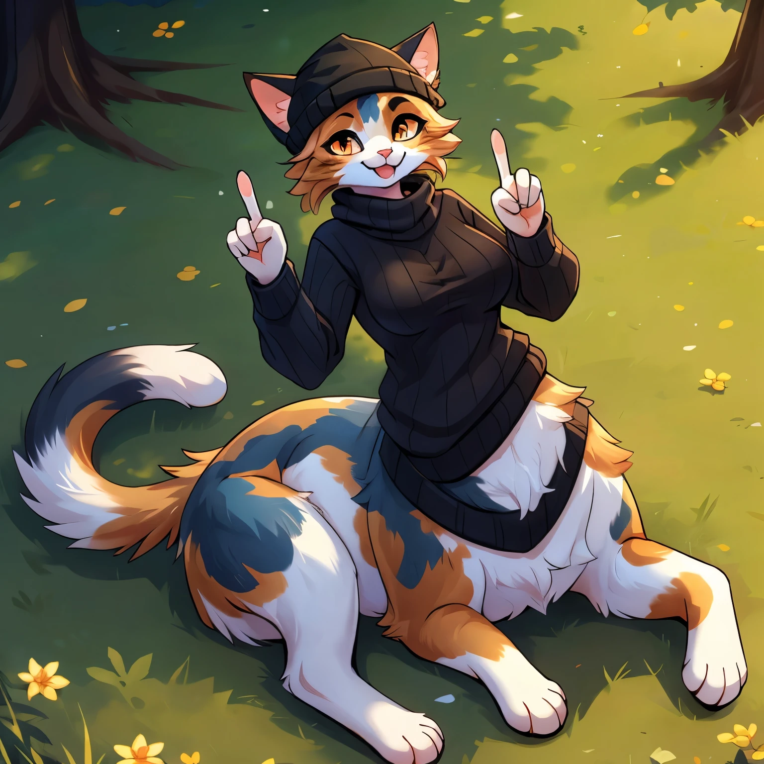 1girl, furry, fursona, fur, calico cat, anthropomorphic cat, anthro cat, full body, 4k, 8k, 16k, highres, masterpiece, best quality, highres, park, (((calico cat taur))), ((taur)), medium breasts, (((laying on floor))), cute, (black beanie), (black sweater), (black halo), orange eyes, (winking), ((peace sign))