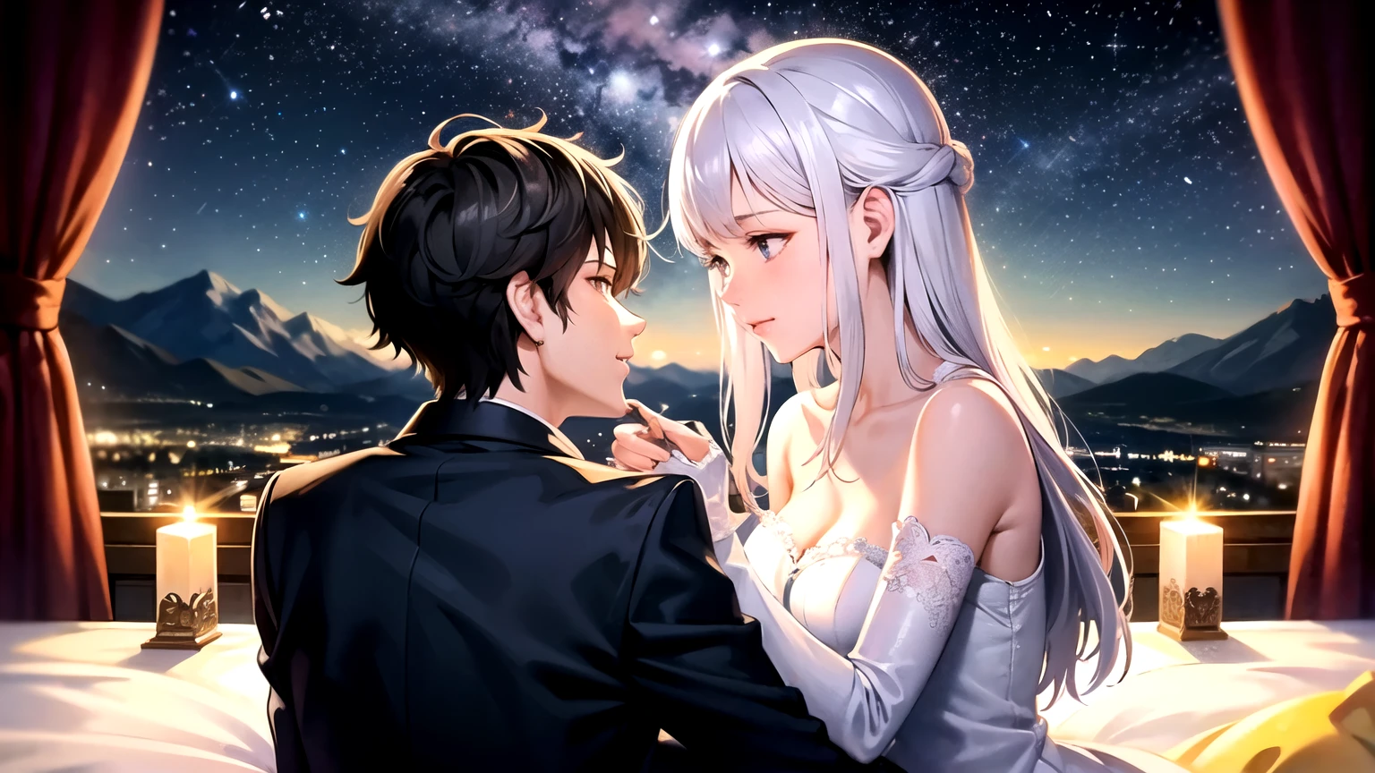 a couple in love in a romantic atmosphere under the night and the stars. with a love message in Spanish in the image