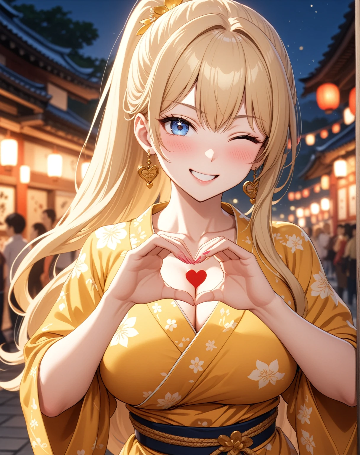 ((One woman)), Beautiful Face,Laughing embarrassedly,((Wink:2.0)),Blushing,Glossy pink lips,night,Shrine Festivals,firework, ((Anime style background)),masterpiece, highest quality, so beautiful, up to date, Complex details, (Pink long nails),AI-generated, Complex,High resolution, highest quality, super high quality,3D Images、View the viewers、3D Images,one person,Long Blonde Hair,High Ponytail,blue eyes,Anime woman posing for a photo, [[Fine grain、Colorful eyes、Shining Eyes:1.15]],(Squint your eyes:1.1),a hyperRealistic , hyperRealistic , Realistic,Blonde anime woman with long hair, Smooth anime CG art, A woman in a gorgeous yukata with gold embroidery, Yellow Yukata,Long flower hair ornament,Big earrings,(Large Breasts:1.2),tall,Big Ass,Narrow waist,Abdominal muscles,Fine details,(A woman making a heart sign with her hands),Put your hands together