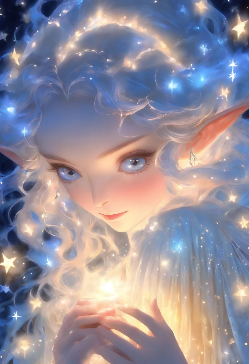 unearthly beauty, Galadriel, beautiful painting in fantasy style., inspired by Nene Thomas, unearthly fairytale, inspired by Edward Robert Hughes, Oil painting in fantasy style., unearthly!!!!!!!, unearthly!!!, Fascinated by the spirit of nature, unearthly fantasy, girl Bluewald Pixie, In a celebrity dress, blue hair, sparkling wings, Glowing eyes, Mystical Eyes, Main lighting, detailed lace patterns, graceful pose, intricate black garden motifs with black roses, delicate silk fabric, mysterious atmosphere, starry night atmosphere. 