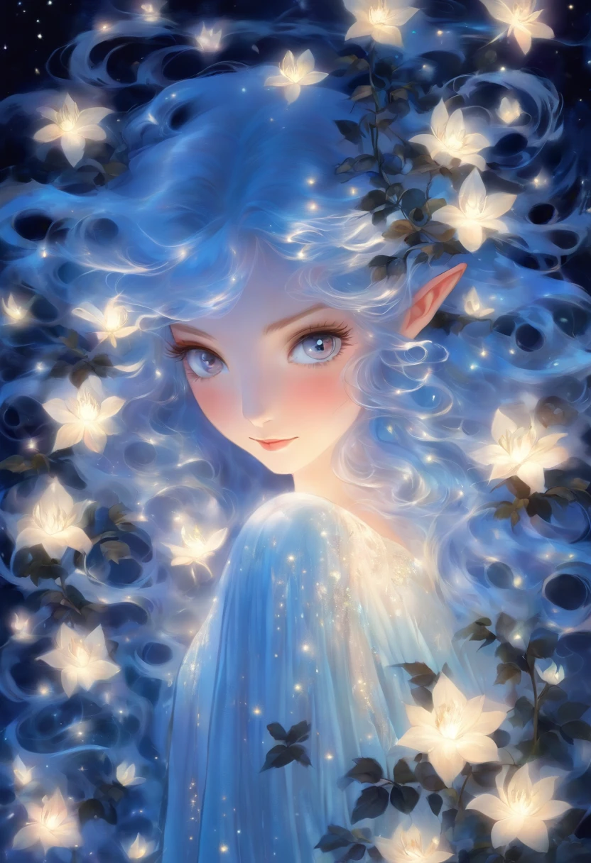 unearthly beauty, Galadriel, beautiful painting in fantasy style., inspired by Nene Thomas, unearthly fairytale, inspired by Edward Robert Hughes, Oil painting in fantasy style., unearthly!!!!!!!, unearthly!!!, Fascinated by the spirit of nature, unearthly fantasy, girl Bluewald Pixie, In a celebrity dress, blue hair, sparkling wings, Glowing eyes, Mystical Eyes, Main lighting, detailed lace patterns, graceful pose, intricate black garden motifs with black roses, delicate silk fabric, mysterious atmosphere, starry night atmosphere.