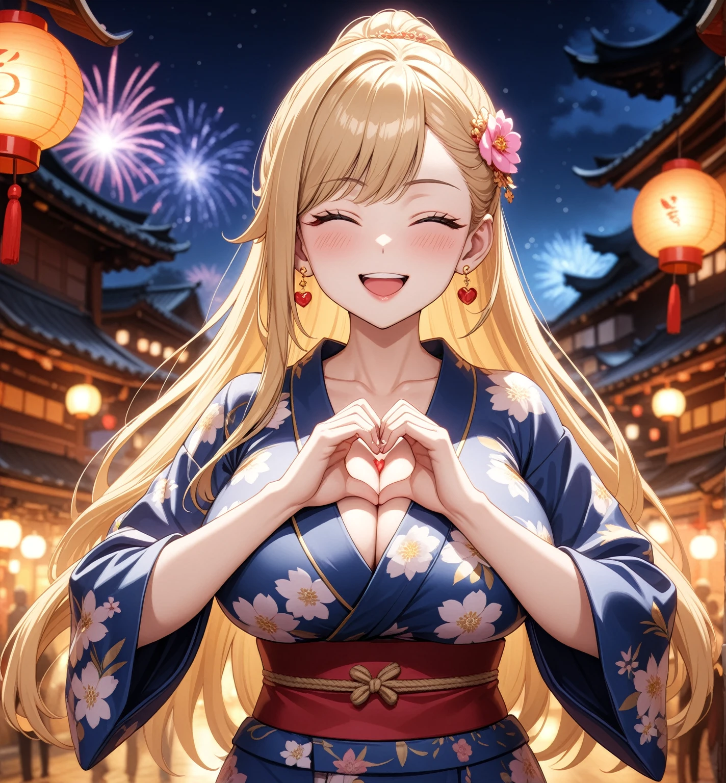 ((One woman)), Beautiful Face,Laughing embarrassedly,((Wink:2.0)),Blushing,Glossy pink lips,Abstract, night,shrine,Festivals, firework,((Anime style background)),masterpiece, highest quality, so beautiful, up to date, Complex details, (Pink long nails),AI-generated, Complex,High resolution, highest quality, super high quality,3D Images、View the viewers、3D Images,one person,Woman with long blonde hair,High Ponytail,blue eyes,Anime woman posing for a photo, [[Fine grain、Colorful eyes、Shining Eyes:1.15]],(Squint your eyes:1.1),a hyperRealistic , hyperRealistic , Realistic ,Blonde anime woman with long hair, Smooth anime CG art, A woman in a gorgeous yukata with gold embroidery,Floral Yukata,Long flower hair ornament,Larger earrings,(Large Breasts:1.3),Narrow waist,Six-pack,tall,Big Ass,Fine details.(A woman making a heart sign with her hands),Put your hands together