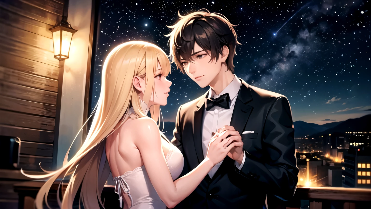 a couple in love in a romantic atmosphere under the night and the stars. with a love message in Spanish in the image