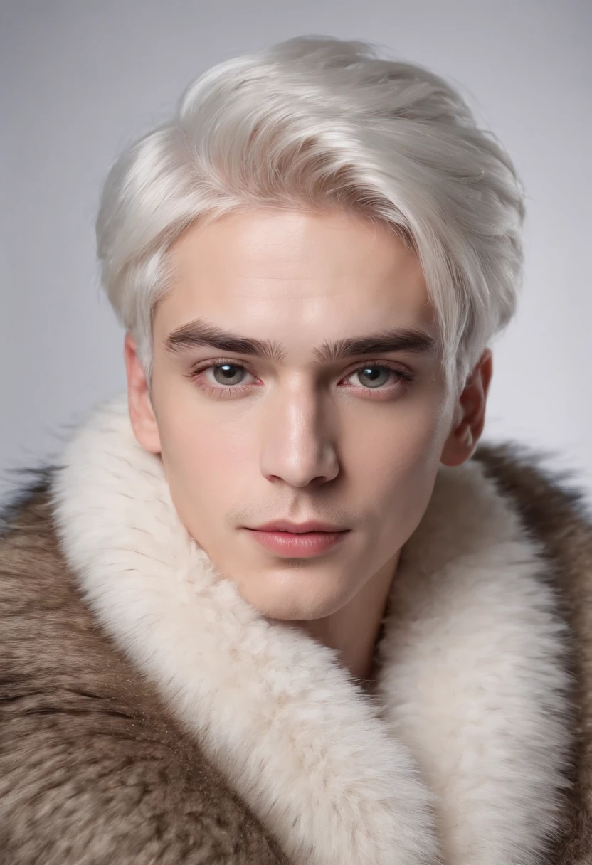 a young man, 20 years old, white hair, crown on head, wearing fur coat, studio lighting, Canon 18 lens, best quality, 8k, highres, masterpiece, ultra-detailed, realistic, photorealistic, photo-realistic, HDR, UHD, vivid colors, sharp focus, physically-based rendering, professional, detailed skin, detailed eyes, detailed lips, long eyelashes, portrait, realism