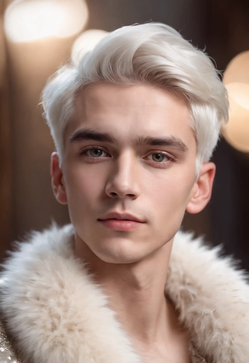 a young man, 20 years old, white hair, crown on head, wearing fur coat, studio lighting, Canon 18 lens, best quality, 8k, highres, masterpiece, ultra-detailed, realistic, photorealistic, photo-realistic, HDR, UHD, vivid colors, sharp focus, physically-based rendering, professional, detailed skin, detailed eyes, detailed lips, long eyelashes, portrait, realism