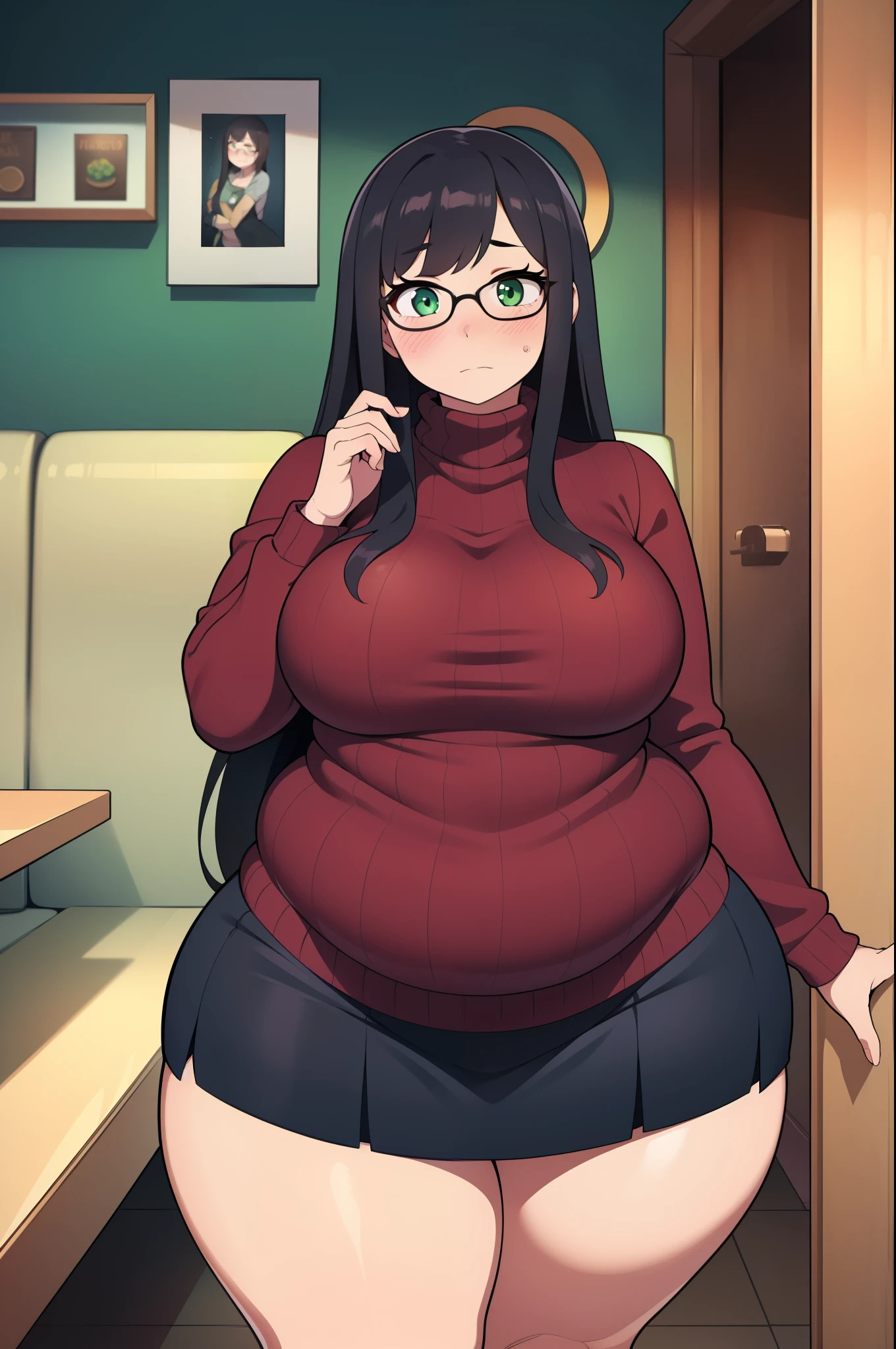 ((Masterpiece)), perfect anatomy, perfect shading, field of depth, (best quality), extremely delicate and beautiful, perfect lighting, detailed face, ultra cute face, cute, ((1girl)), ((solo))
long fluffy black hair, glasses, green eyes, ((blush)), nervous, looking at viewer, sweater, short skirt, medium breasts, ((thick thighs)), (wide hips), ((plump)),
intricate background, detailed background, fast food restaurant,