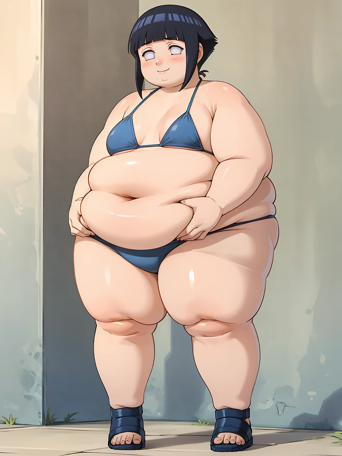 standing, shy, smile, blush, 1girl, fat hyuuga hinata, fat body, black hair, short hair, white eyes, no pupils, small breats, blue bikini, sandals, absurdres, ultra detailed, masterpiece, best quality, aesthetic, detailed, water fart