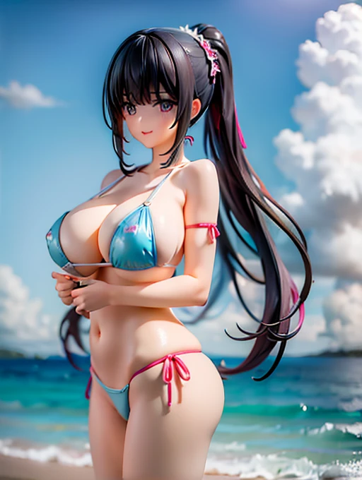 ((masterpiece)), ((best quality)), (ultra-detailed), ((kawaii)), cute, (lovely), ((sexy)), (ero), ((extremely detailed)), 4K, (8K), best quality, (beautiful), in the middle, beach, daytime, summer, a pretty woman, solo, micro-bikini, beautiful black hair, beautiful brown eyes, ((beautiful eyes)), white-skinned, long ponytail,swept bangs, large breast, smile,parted lips,standing