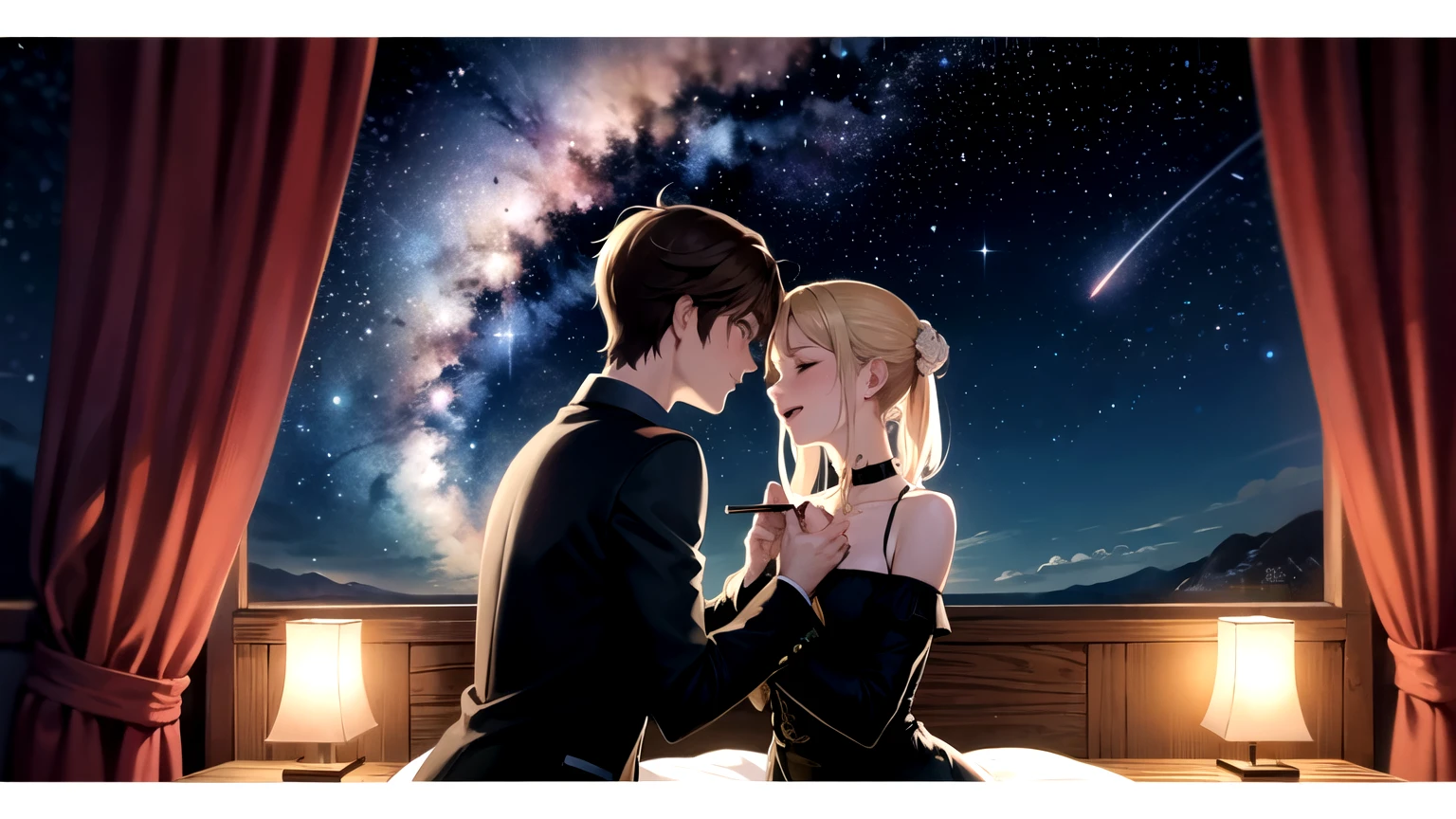 a couple in love in a romantic atmosphere under the night and the stars. with a love message in Spanish in the image