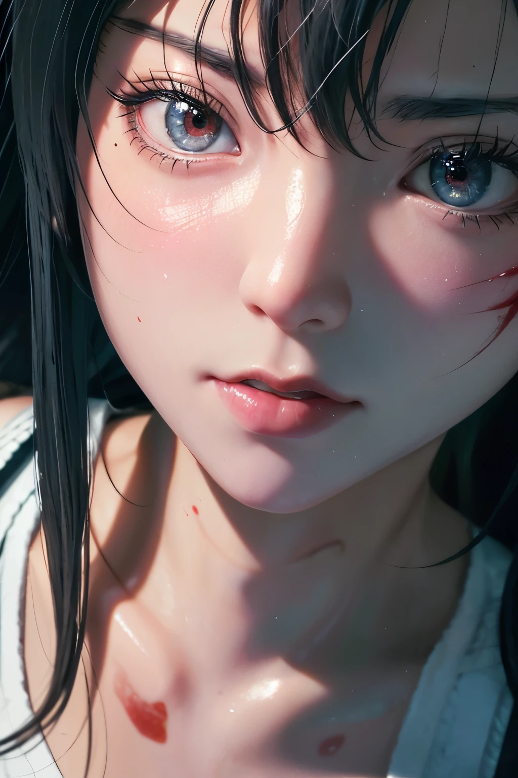 (8k, RAW photo, top quality, masterpiece: 1.4), (realistic, photorealistic: 1.37), Bulma as a sexified anime character, sci-fi horror movie setting, film grain texture, sweaty face, extreme detailed face with emphasized features, as a gore movie scene, gruesome L1.1, Bulma in a provocative costume, revealing clothes, jizz stains, blood splatter, open mouth in a scream, sweat trickling down her body, extreme close-up, high-definition, high-resolution.