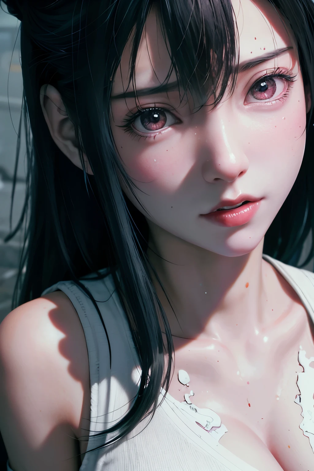(8k, RAW photo, top quality, masterpiece: 1.4), (realistic, photorealistic: 1.37), Bulma as a sexified anime character, sci-fi horror movie setting, film grain texture, sweaty face, extreme detailed face with emphasized features, as a gore movie scene, gruesome L1.1, Bulma in a provocative costume, revealing clothes, jizz stains, blood splatter, open mouth in a scream, sweat trickling down her body, extreme close-up, high-definition, high-resolution.