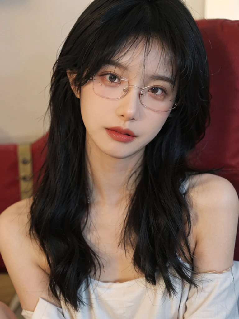 Film portrait photography, 1 girl, bare shoulders,lipstick,(flat chest:1.4), Shoulder length wavy hair, wear glasses,serene, calm, (Realistic and detailed eyes, natural skin texture, Realistic facial details), Soft dramatic lighting, depth of field, Bokeh, Vibrant details, Detailed and detailed, surreal, 35mm film, hazy, ,