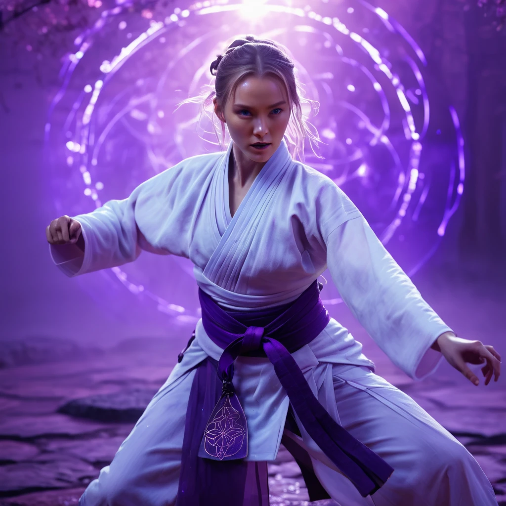 A handsome Norwegian girl, sharp eyes, clear facial features, wearing Hanfu, combat posture, martial arts movements, body surrounded by purple mist, runes around, holographic reality, holographic halo, motion blur, game light effects, edge light, soft light, movie edge light, delicate light, masterpiece, super detailed, epic composition, super HD, high quality, highest quality, 32k