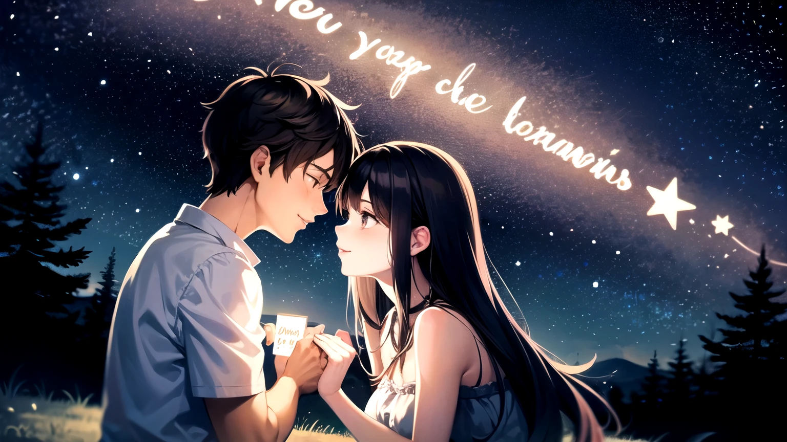 a couple in love in a romantic atmosphere under the night and the stars. with a love message in Spanish in the image