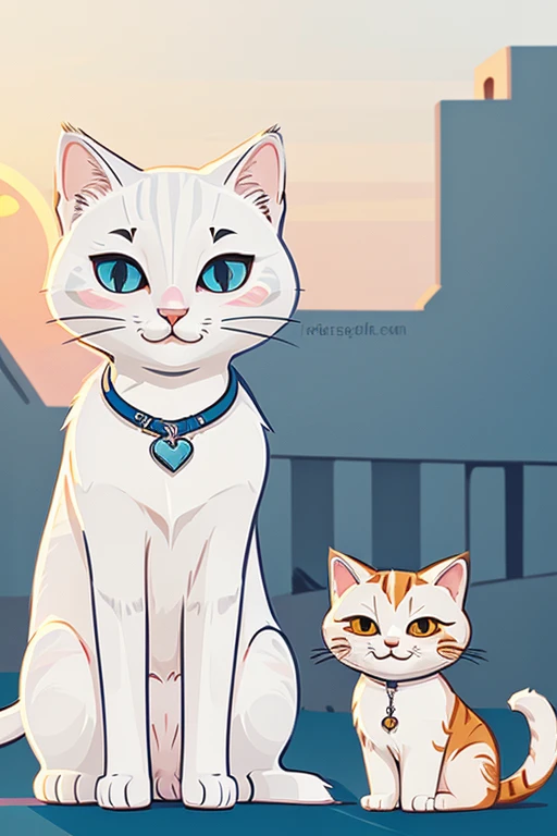 t shirt design for cute white cat with long fur and wears cat tag watching sunset, romantic atmosphere, vector illustration, bold line art, illustration, sticker