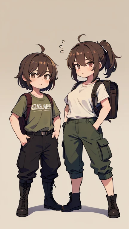 Two characters in a scene boy and girl (absolutely identical twins brother and sister)with the same cute beautiful girlish features, The first character is a handsome, modest, round-faced, brown-eyed boy with an ideal masculine physique., with semi-long brown hair tied in a ponytail, Military style (marsh color T-shirt, military style trousers with patch pockets, massive high infantry boots, backpack), and the second character is strong, very muscular feminist girl with aesthetic small breasts with beautiful erect nipples, with very tousled shaggy semi-long brown hair, hair between the eyes, Brown eyes, beautiful face, an athlete with well-developed proportional muscles, khaki racer jersey(absolutely no bra), military style trousers with patch pockets, massive high infantry boots, backpack; talk to each other, different emotions, free pose, free interaction with each other, against the backdrop of the nature of central Russia
