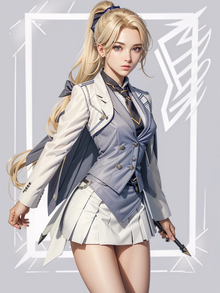 MercyOver, 1girl, mercy (overwatch), (((skirt suit))), (((three-piece suit))), dress shirt, (((necktie))), (((blazer))), (((suit jacket))), (((waistcoat))), double-breasted waistcoat, (((bodycon miniskirt))), (((pencil skirt))), solo, blonde hair, blue eyes, upper body, lips, looking at viewer, nose, high ponytail, ponytail