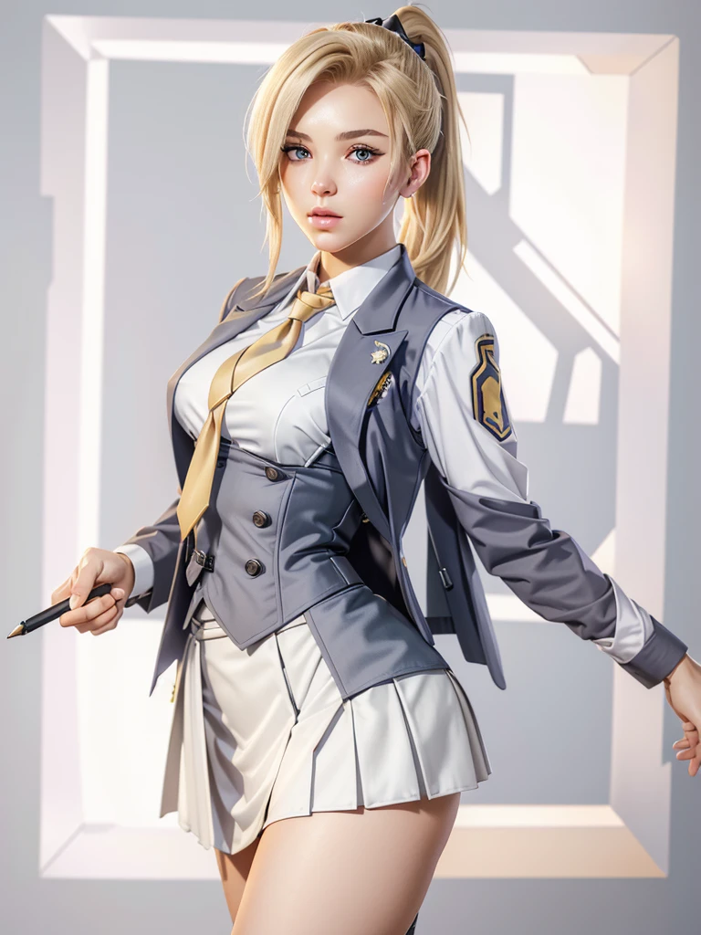 MercyOver, 1girl, mercy (overwatch), (((skirt suit))), (((three-piece suit))), dress shirt, (((necktie))), (((blazer))), (((suit jacket))), (((waistcoat))), double-breasted waistcoat, (((bodycon miniskirt))), (((pencil skirt))), solo, blonde hair, blue eyes, upper body, lips, looking at viewer, nose, high ponytail, ponytail