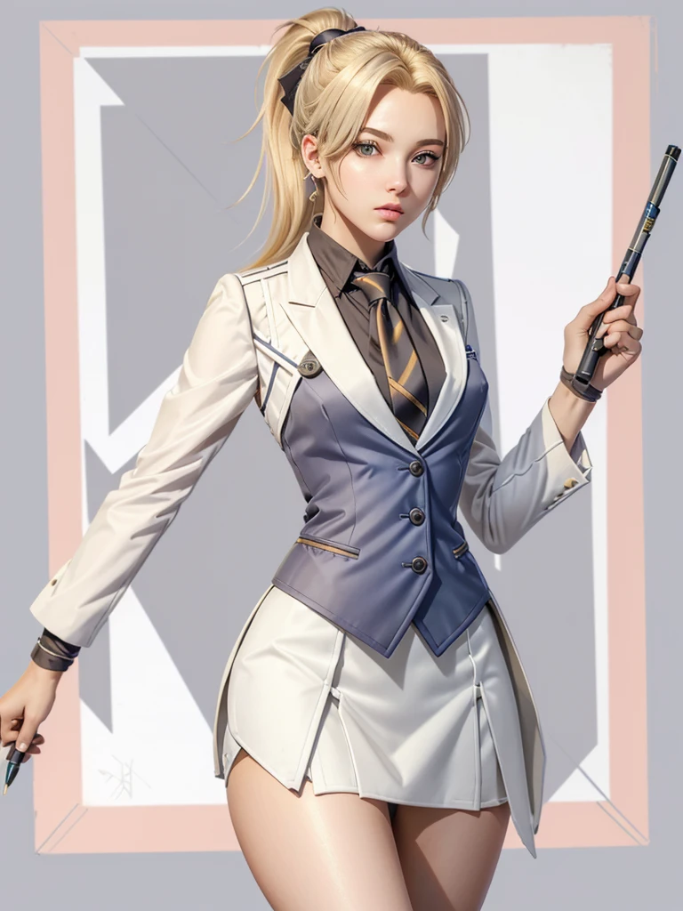 MercyOver, 1girl, mercy (overwatch), (((skirt suit))), (((three-piece suit))), dress shirt, (((necktie))), (((blazer))), (((suit jacket))), (((waistcoat))), double-breasted waistcoat, (((bodycon miniskirt))), (((pencil skirt))), solo, blonde hair, blue eyes, upper body, lips, looking at viewer, nose, high ponytail, ponytail