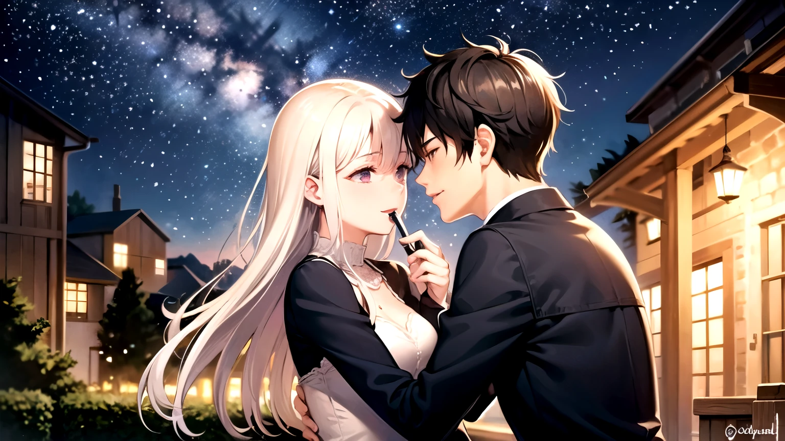 a couple in love in a romantic atmosphere under the night and the stars. with a love message in Spanish in the image