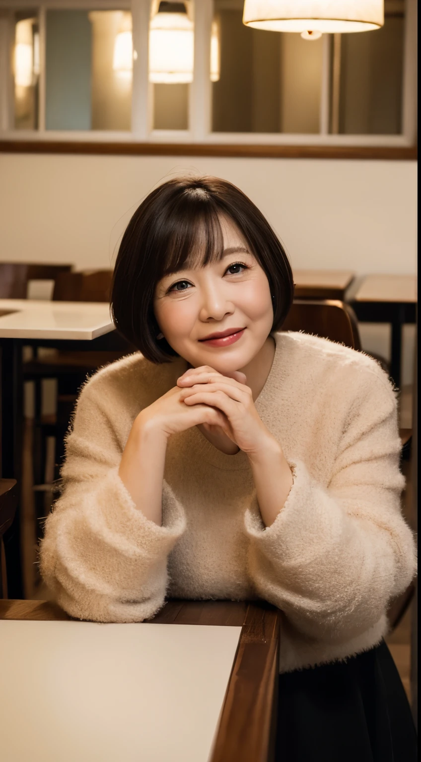 masterpiece, Best image quality, High resolution, solo, , 50 years old, (Wrinkle:0.1), 1 person, CAFE, Chubby Coordination,short hair