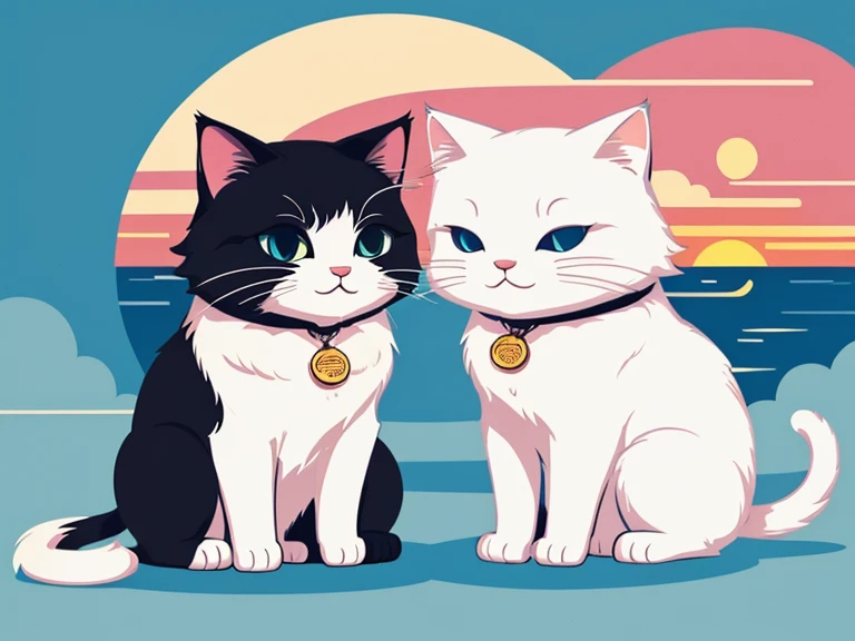 t shirt design for cute white cat with long fur and wears cat tag watching sunset, romantic atmosphere, vector illustration, bold line art, illustration, sticker