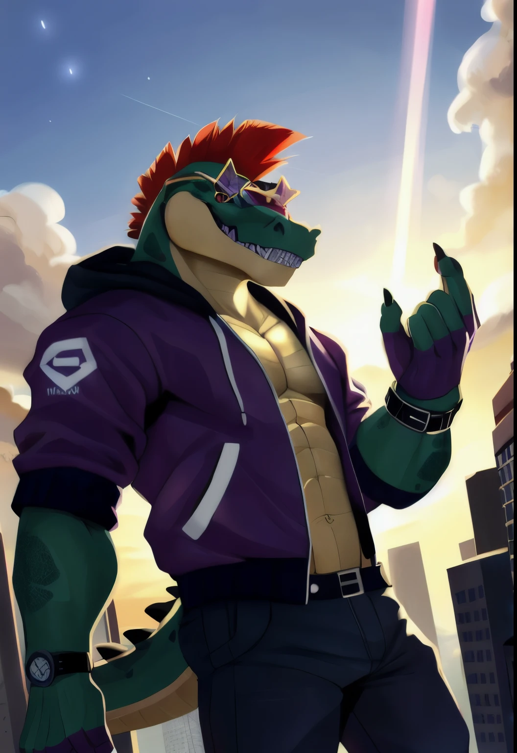 montgomerygator, 1male anthro, 1boy, scalie, alligator, red mohawk, star sunglasses, crocodile tail, full body, black t-shirt, hooded jacket, open jacket, purple jacket, wrist watch, fingerless gloves, sneakers, pants, detailed eyes, red eyes, glowing eyes, glistening eyes, shadows, grin, grinning, glowing light particles, light particles, glowing bubbles, clouds, afternoon, sunlight, sunrays, lens reflections, macro