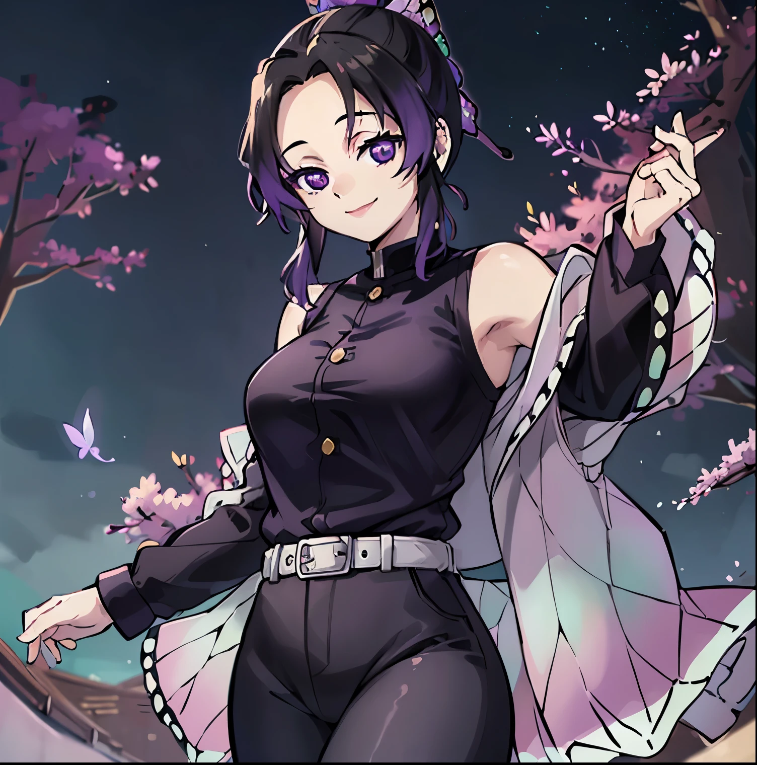 1 girl, alone, shinobu kochou, multicolored hair, no bangs, hair clip, butterfly clip, purple eyes, forehead, (purple blouse: 1.4), tight blouse, neckline, bare shoulders, (black pants: 1.4), tight pants, bare waist, black shoes outside, Japanese mansion, standing, Sakura trees, sunny, clouds, ((best quality)), ((highly detailed)), masterpiece, absurdities, (detailed eyes, deep eyes) , detailed pupils, 1 woman, (happy :1.1), (smile:1.2), looking at viewer, from behind, point of view (from below), bright face, sexy body, big breasts, narrow waist, medium hips, butt round, wide thighs, perfect hands, perfect anatomy