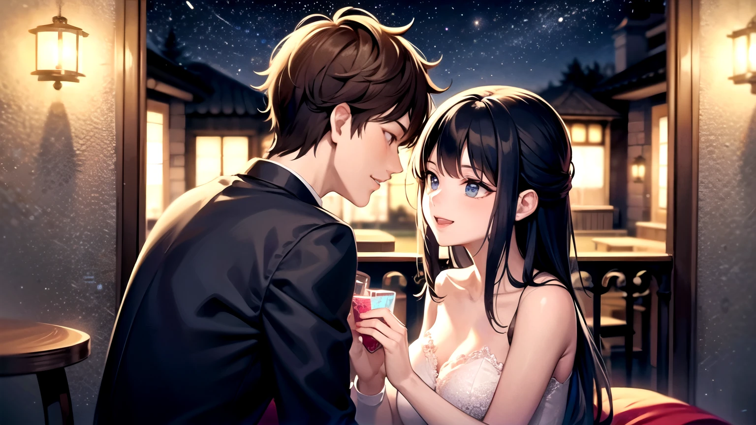 a couple in love in a romantic atmosphere under the night and the stars. with a love message in Spanish in the image