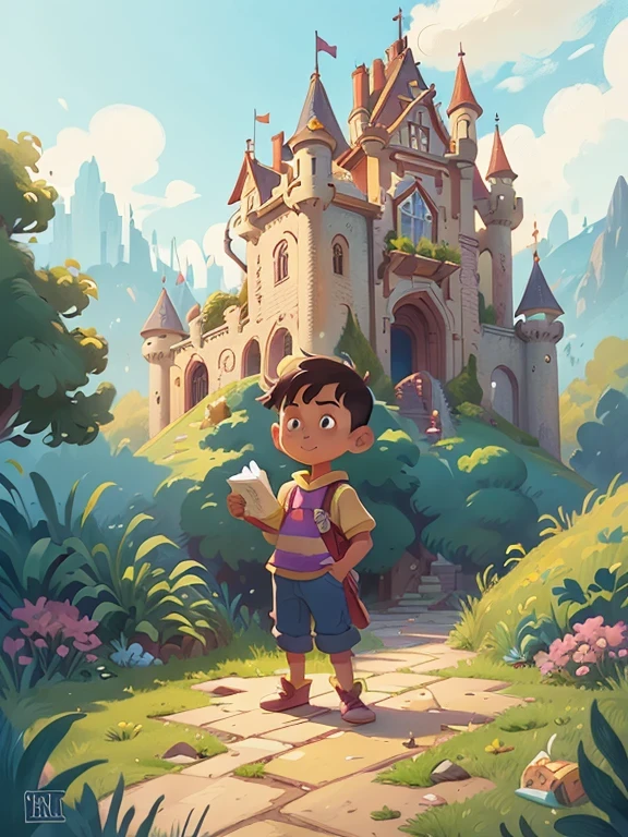 there is a cartoon picture of a king standing in front of a castle, kids book illustration, children’s book illustration, children's book illustration, children book illustration, childrens book illustration, childrenbook illustration, concept art of single boy, illustration for children, by Nancy Graves, colorful kids book illustration, full color illustration, by Mary Davis, artwork of pedro bell