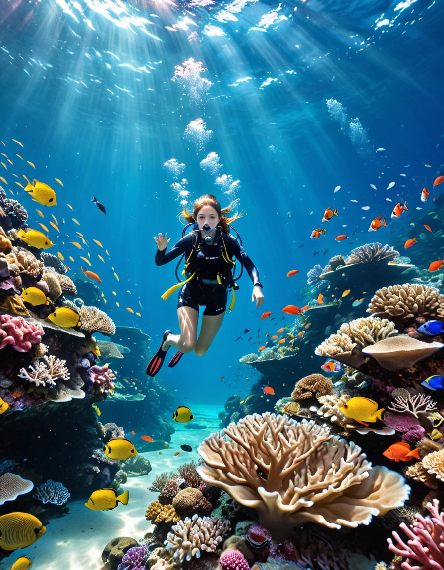 In the ocean during the day、A female diver is enjoying scuba diving。Bubbles floated around her、Colorful tropical fish swimming freely。Beautiful coral reefs spread out、She gazes in amazement at the vivid scenery.。I was captivated by the tranquility of the surroundings and the beauty of the underwater world.、Her whole body was focused on the moment.、It is clear that they are deeply moved by the mysteries of nature.