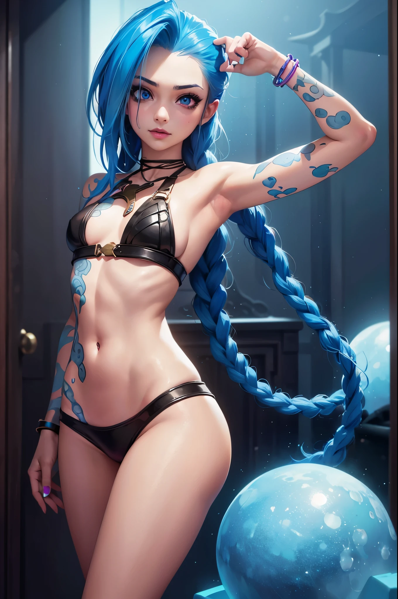 jinx, (obra maestra, mejor calidad:1.2), detalles intrincados, What \(League of Legends\), 1 chica, dos colas, pelo azul, pose sexy, hermosa figura, hd, 8k,ojos detallados,