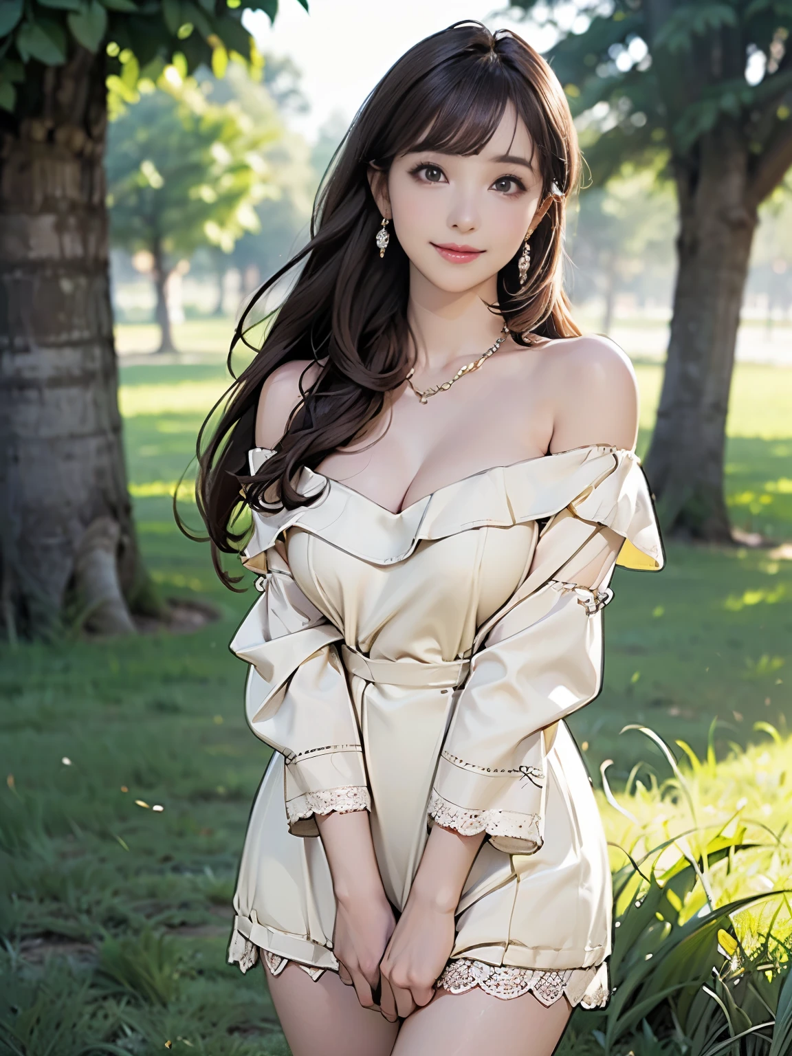 ((((highest quality))))、(((Ultra-precision CG16K wallpaper)))、(((masterpiece)))、(((Super detailed)))、(((Extreme detail)))、((1Mature 29 year old woman:1.6))、((Very beautiful Japanese faces))、((Zuo々Nozomi:1.5))、((Straight semi-long hair、blunt bangs:1.5))、(Shiny brown hair)、Beautiful delicate eyes、Brown Eyes、eyeliner、Eyeshadow、High nose、Small nostrils、Small Mouth、Seductive lips、Beautiful breasts、((C cup size breasts))、Cleavage、Beautiful feet、eight-headed body、Perfect proportions、Perfect Anatomy、Perfect composition、Beautiful detailed shading、Beautiful, natural lighting、Beautiful detail glow、Depth of written boundary、(((High chroma)))、(((Real:1.9)))、((vivid:1.5))、((Beautiful Skin))、((Skin Texture))、((Realな皮膚感))、(((Cowboy Shot:1.6)))、((front view、shoot from front、Front low angle:1.6))、(((smile:1.5)))、((The woman is looking at this、looking at viewer、Facing forward:1.6))、Bright daylight、Natural light、(((Grass Square、Trees:1.5)))、(Walking Pose:1.6)、(((Ivory cream off-shoulder lace knit mini dress:1.6)))、((Earrings、Wearing a necklace:1.3))、((Knee socks clothing:1.3))、