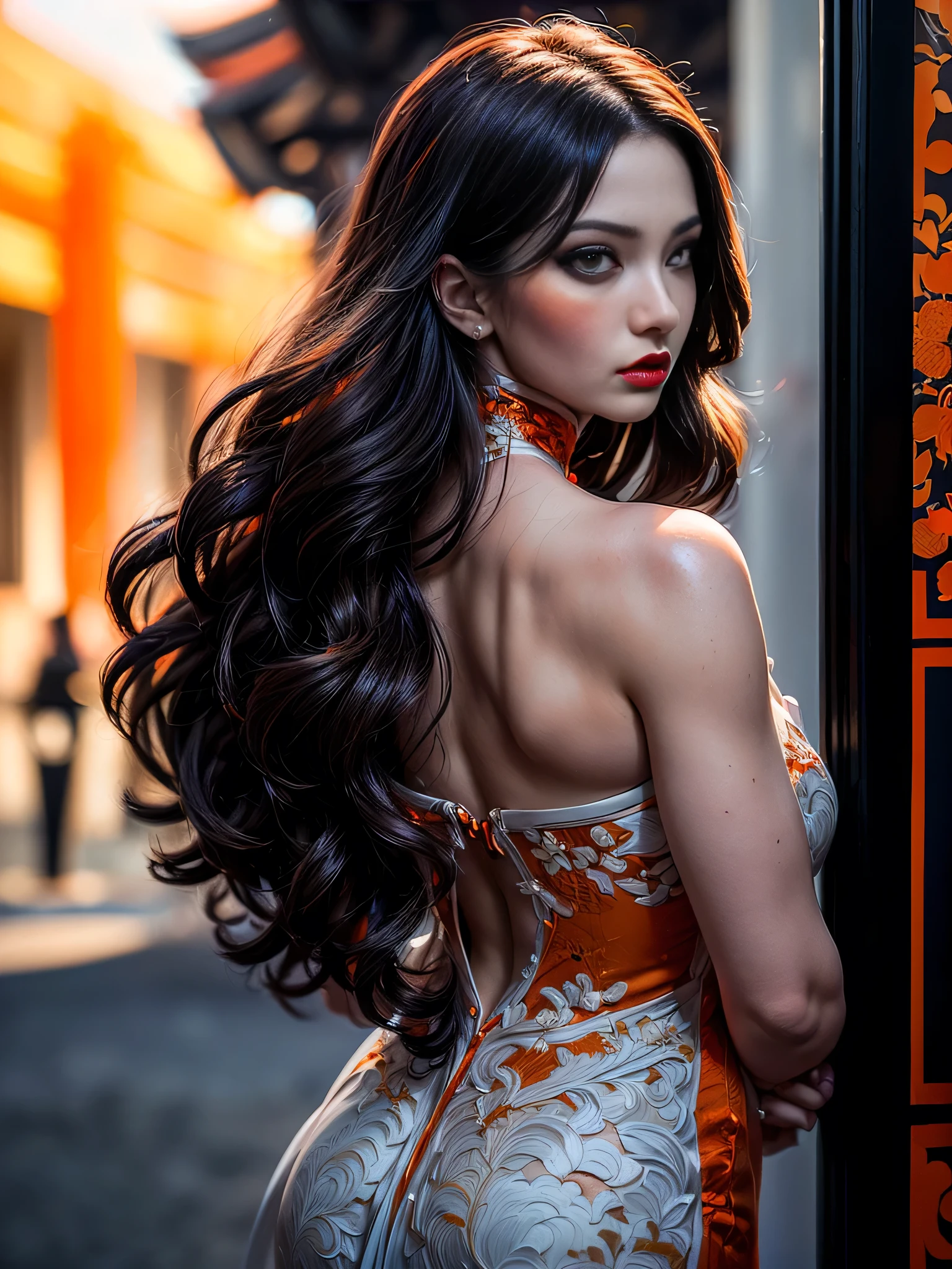 (masterpiece), (extremely intricate:1.3), (realistic), portrait of a muscular girl, ((((detailed woman, ((blackout gothic eye makeup, red lips, strong square cleft chin, arrogant, [flat chest:medium breasts:0.8]), long wavy [blonde hair:dark hair:0.2], (((bright orange white chinoiserie evening gown))), rear view, from behind)))), freckles:1.0, professional lighting, photon mapping, radiosity, physically based rendering, ultra resolution, hyper-realistic), metal reflections, upper body, outdoors, intense sunlight, far away castle, professional photograph of a stunning woman detailed, sharp focus, dramatic, award winning, cinematic lighting, volumetrics dtx, (film grain, blurry background, blurry foreground, bokeh, depth of field, sunset, interaction, photorealistic:1.4), 8K