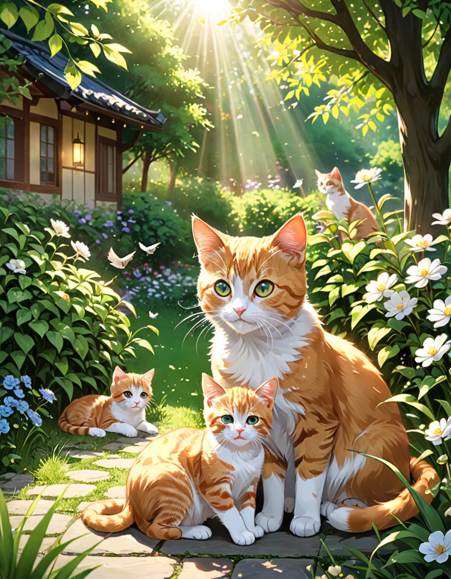 In the garden on a warm afternoon、Two kittens happily playing with each other。The mother cat is watching the scene with a smile.。Sunlight on trees々Plug in from between、The whole garden is enveloped in a tranquil atmosphere.。I can hear the birds chirping、The wind gently rustles the grass。The kittens play innocently、The mother cat looks on with a relieved expression。The garden is filled with natural beauty and tranquility.、A heartwarming scene unfolds。