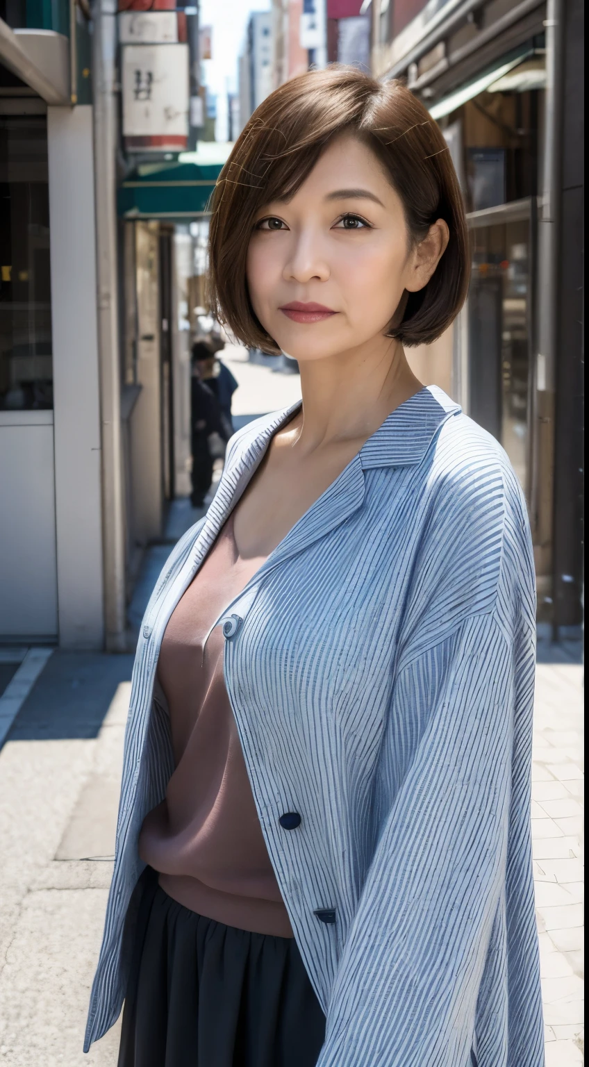 masterpiece, Best image quality, High resolution, solo, , 50 years old, (Wrinkle:0.1), 1 person, Osaka-style streetscape, Voluptuous、Spring-like coordination,short hair