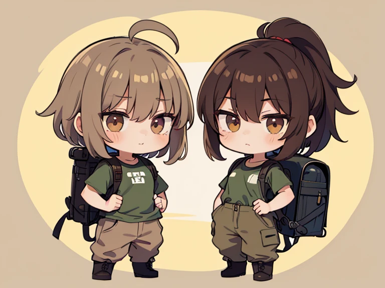 Two characters in a scene boy and girl (absolutely identical twins brother and sister)with the same cute beautiful girlish features, The first character is a handsome, modest, round-faced, brown-eyed boy with an ideal masculine physique., with semi-long brown hair tied in a ponytail, Military style (marsh color T-shirt, military style trousers with patch pockets, massive high infantry boots, backpack), and the second character is strong, very muscular feminist girl with aesthetic small breasts with beautiful erect nipples, with very tousled shaggy semi-long brown hair, hair between the eyes, Brown eyes, beautiful face, an athlete with well-developed proportional muscles, khaki racer jersey(absolutely no bra), military style trousers with patch pockets, massive high infantry boots, backpack; talk to each other, different emotions, free pose, free interaction with each other, against the backdrop of the nature of central Russia