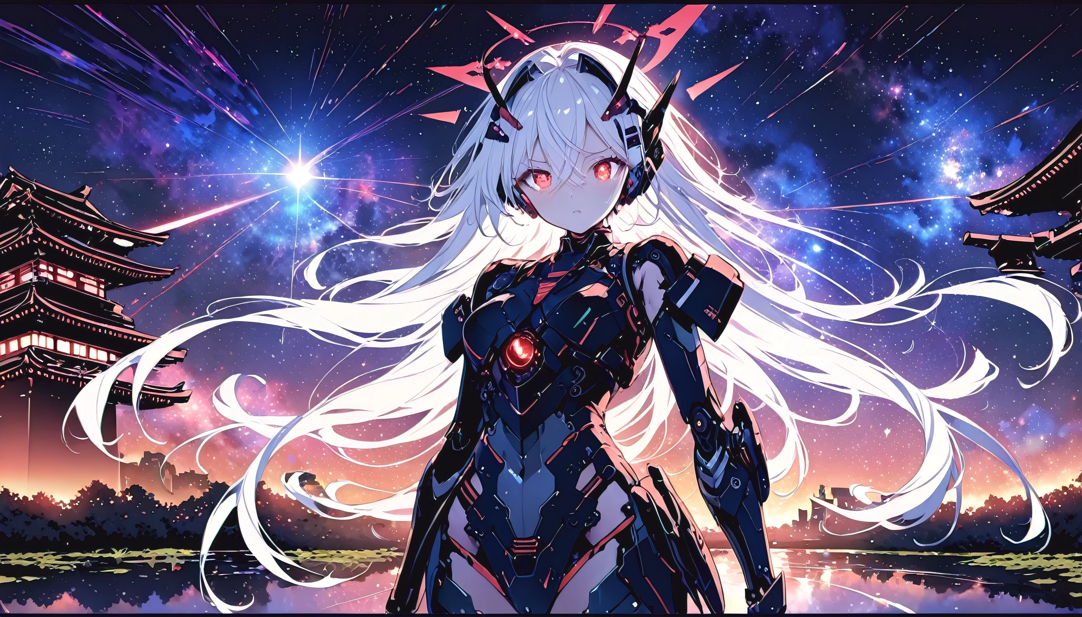 masterpiece,best quality,ultra-detailed,very detailed illustrations,extremely detailed,intricate details,highres,super complex details,extremely detailed 8k cg wallpaper,cowboy shot, caustics,reflection,ray tracing,demontheme,nebula,dark aura,cyber effect, (1girl:1.4),solo,alone,mecha musume,mechanical parts, robot joints,single mechanical arm, headgear, mechanical halo,star halo,intricate mechanical bodysuit, mecha corset, full armor, very long hair,white hair, hair between eyes, multicolored hair, colored inner hair, red eyes,glowing eye,eye trail, random expressions,random action, ancient japanese architecture,pond, starry sky,skyline,