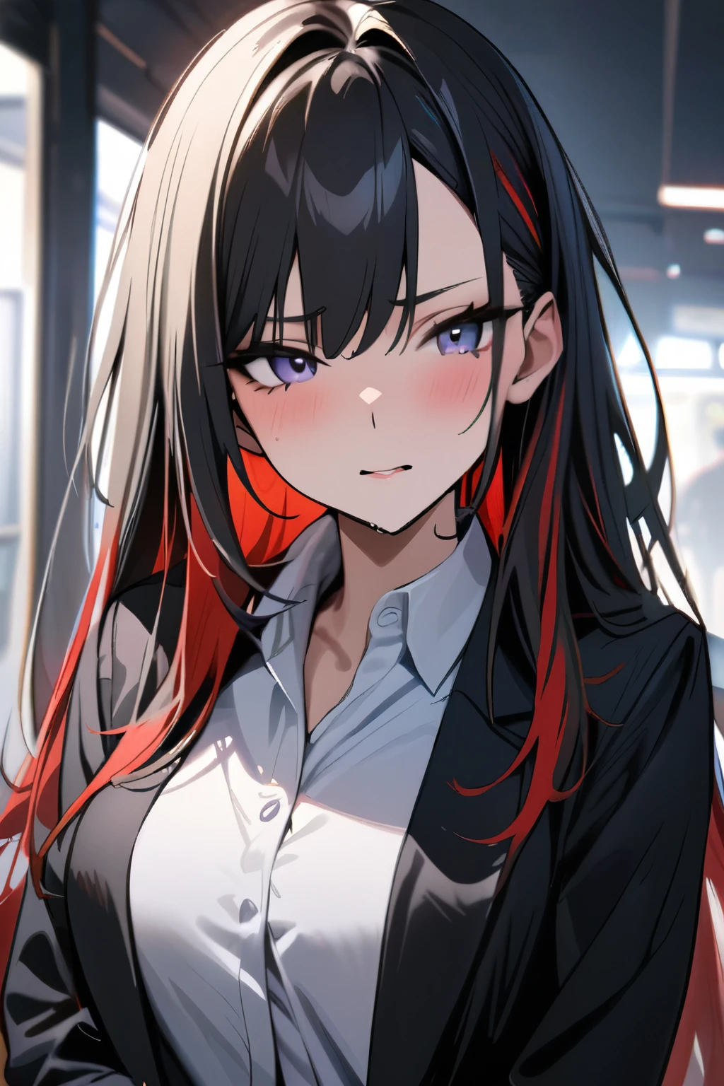 Masterpiece, best quality, beautiful girl, beautiful face, multi-colored hair, adult, calm expression, black suit, white shirt,